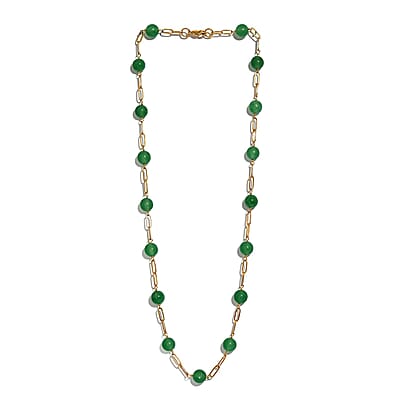 Green Aventurine Paper Clip Chain Station Necklace (20 Inches) in ION Plated YG Stainless Steel 61.50 ctw , Tarnish-Free, Waterproof, Sweat Proof Jewelry