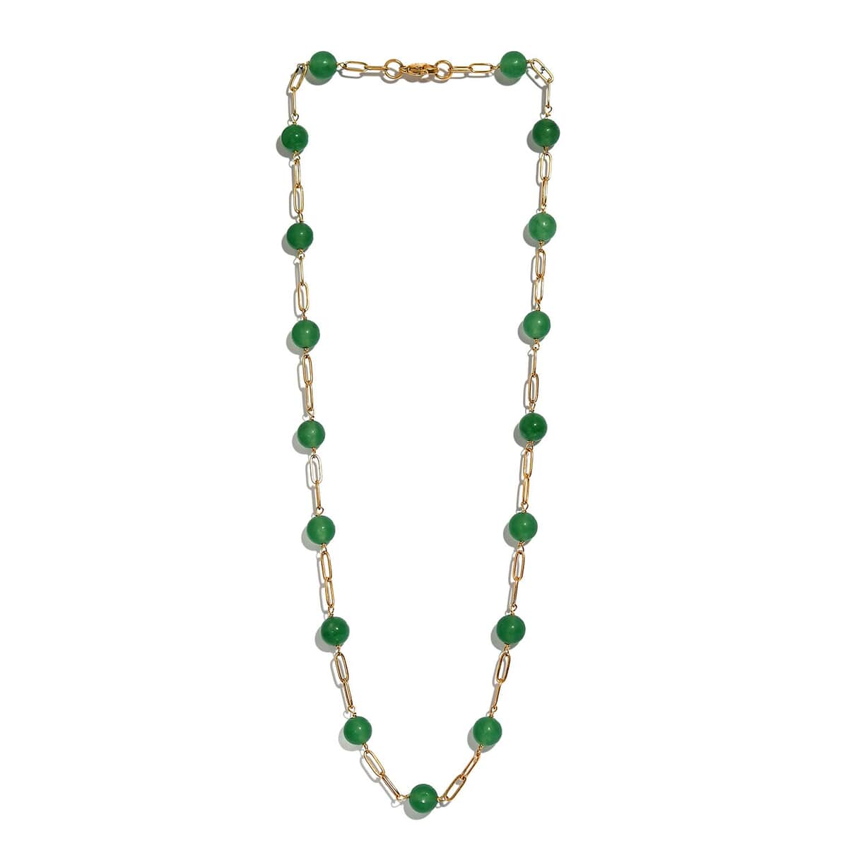 Green Aventurine Paper Clip Chain Station Necklace (20 Inches) in ION Plated YG Stainless Steel 61.50 ctw , Tarnish-Free, Waterproof, Sweat Proof Jewelry image number 3