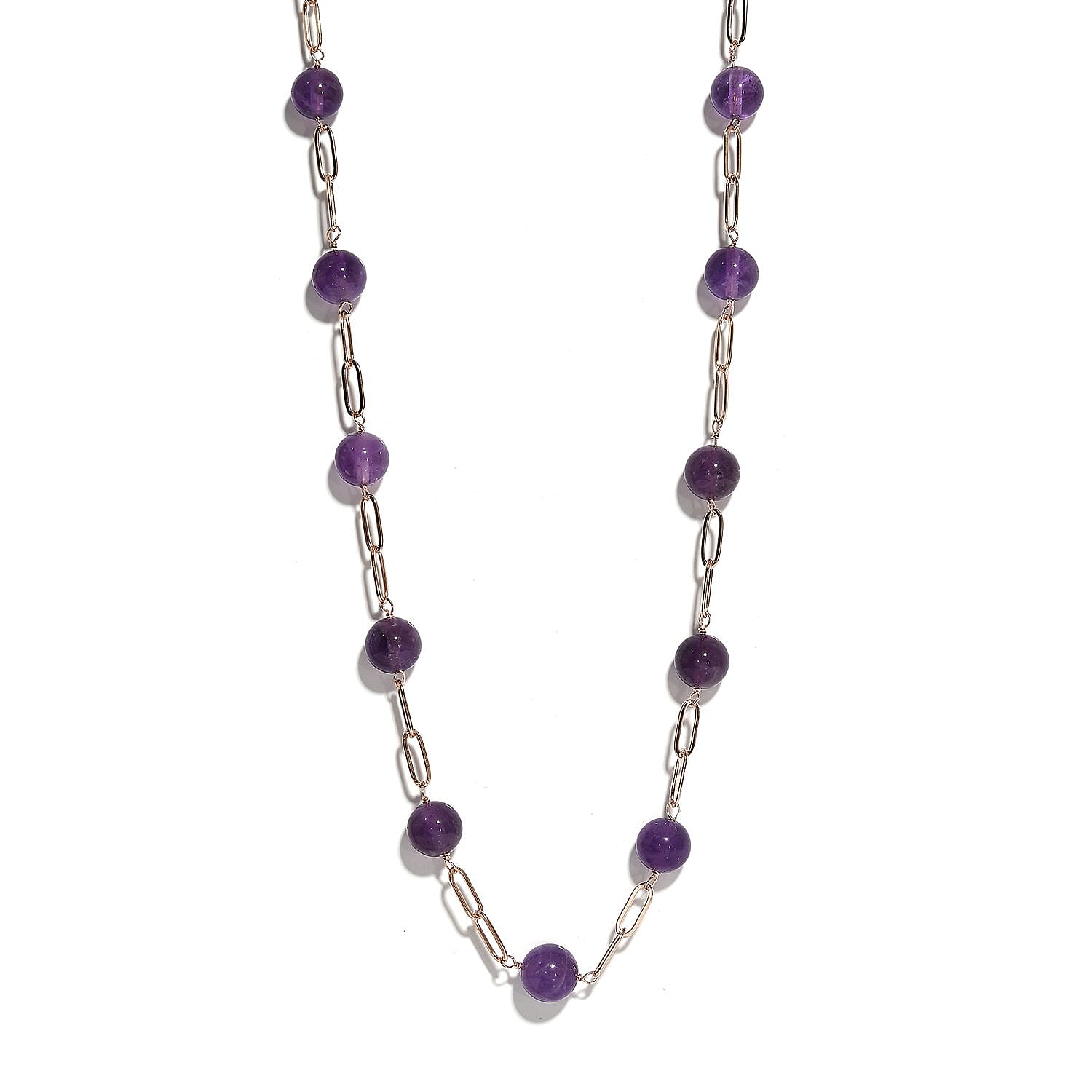 Amethyst Paper Clip Chain Station Necklace 20 Inches in ION Plated RG Stainless Steel 57.35 ctw