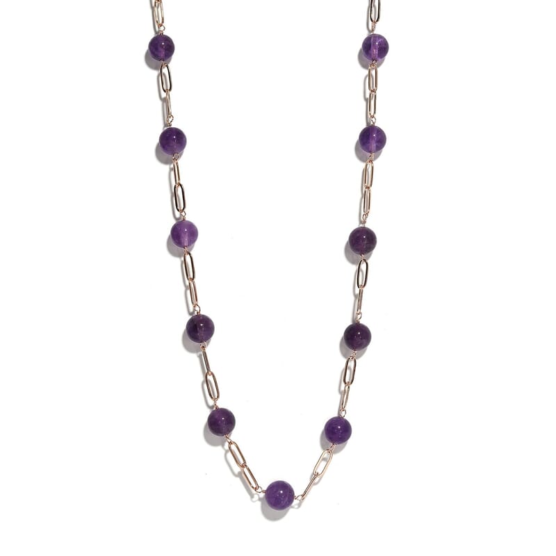 Amethyst Paper Clip Chain Station Necklace 20 Inches in ION Plated RG Stainless Steel 57.35 ctw