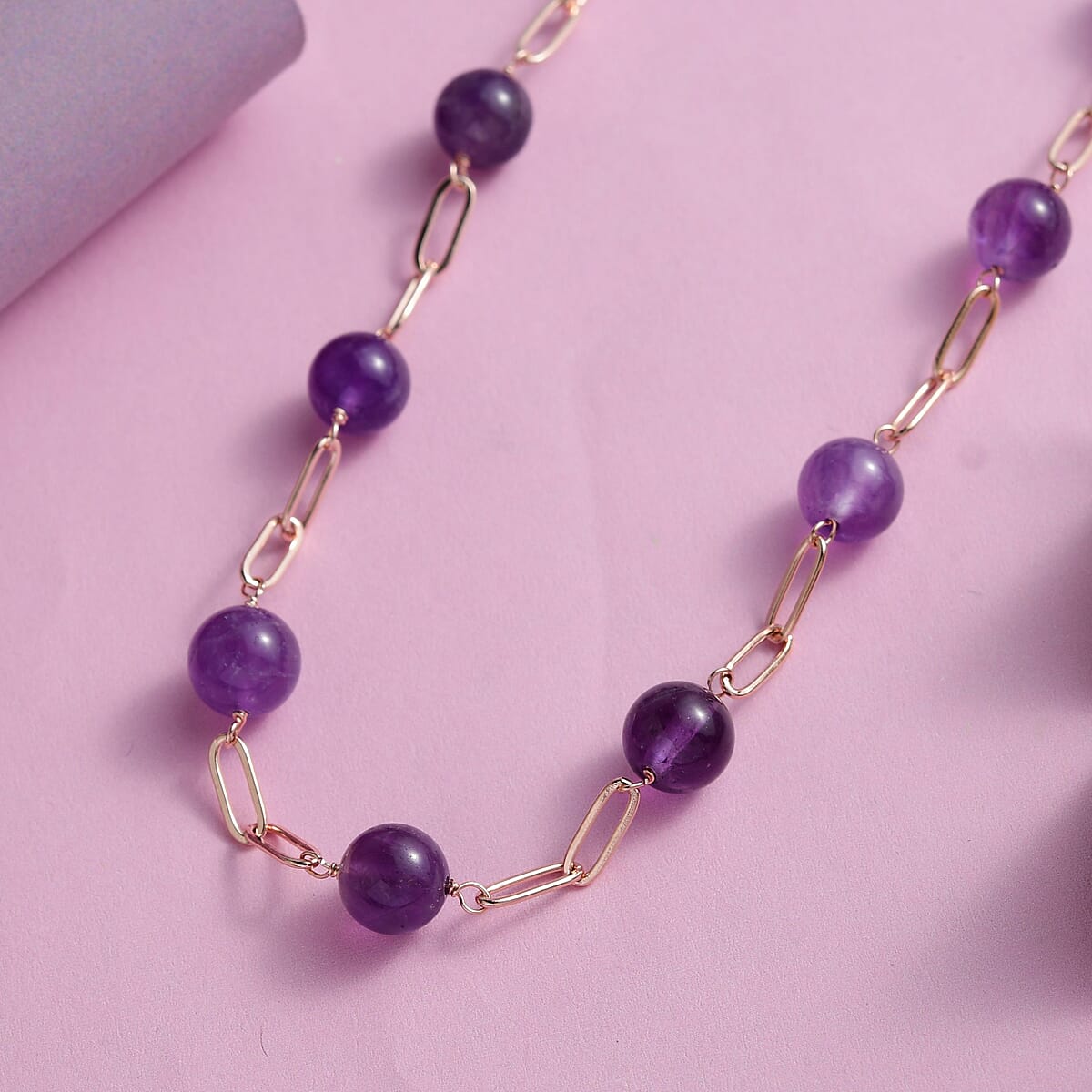 Amethyst Paper Clip Chain Station Necklace 20 Inches in ION Plated RG Stainless Steel 57.35 ctw image number 1