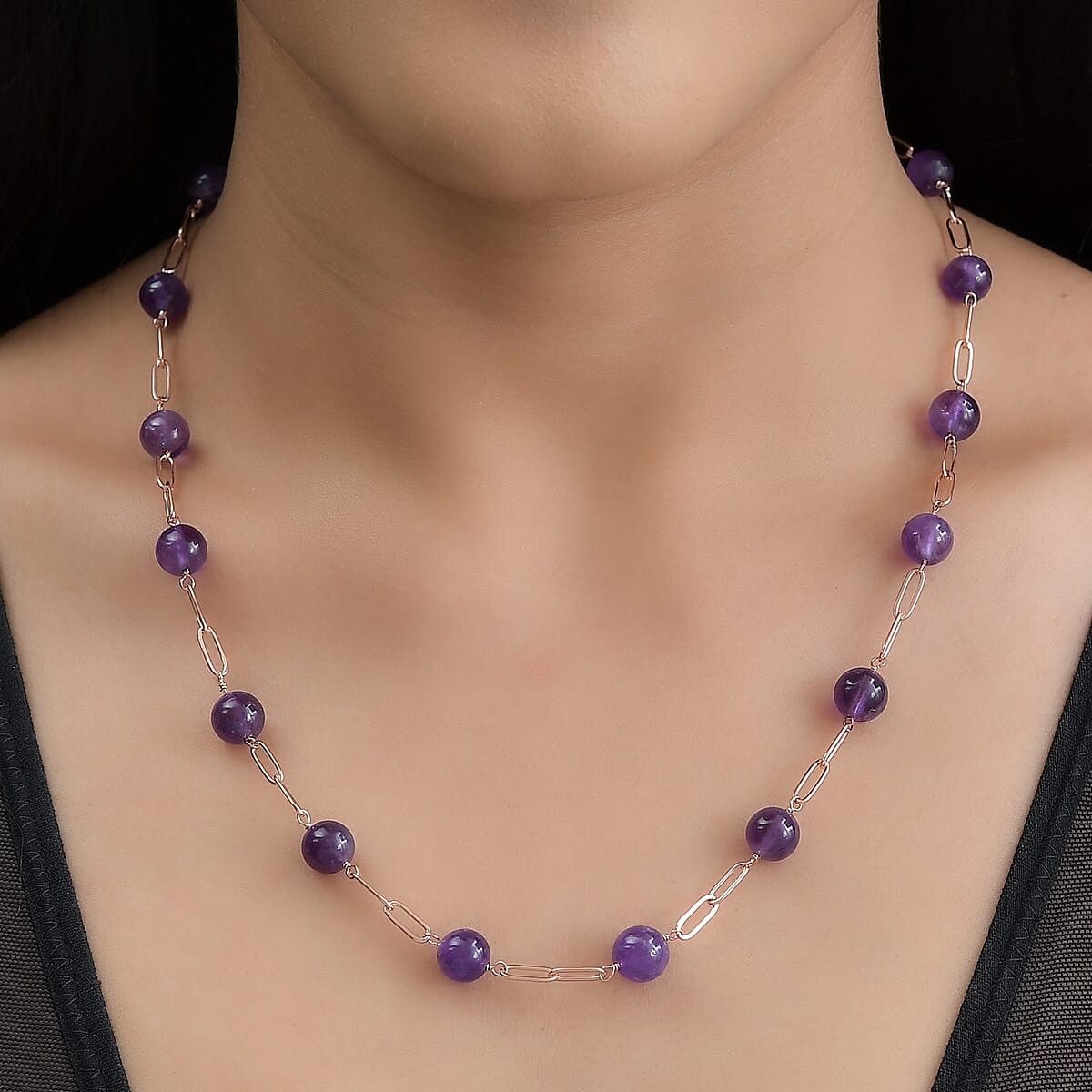 Amethyst Paper Clip Chain Station Necklace 20 Inches in ION Plated RG Stainless Steel 57.35 ctw image number 2