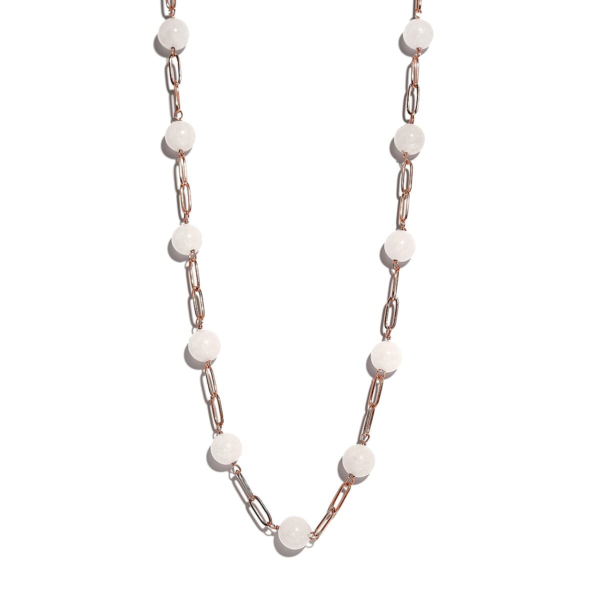 Galilea Rose Quartz Paper Clip Chain Station Necklace (20 Inches) in ION Plated RG Stainless Steel 63.50 ctw | Tarnish-Free, Waterproof, Sweat Proof Jewelry image number 0