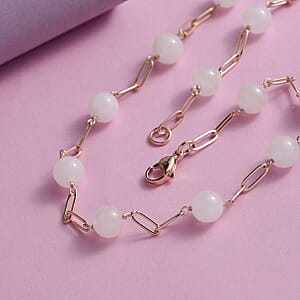 Galilea Rose Quartz Paper Clip Chain Station Necklace (20 Inches) in ION Plated RG Stainless Steel 63.50 ctw | Tarnish-Free, Waterproof, Sweat Proof Jewelry