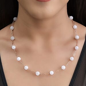 Galilea Rose Quartz Paper Clip Chain Station Necklace (20 Inches) in ION Plated RG Stainless Steel 63.50 ctw | Tarnish-Free, Waterproof, Sweat Proof Jewelry