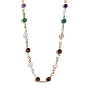 Multi Gemstone Paper Clip Chain Station Necklace (20 Inches) in ION Plated YG Stainless Steel 59.85 ctw , Tarnish-Free, Waterproof, Sweat Proof Jewelry