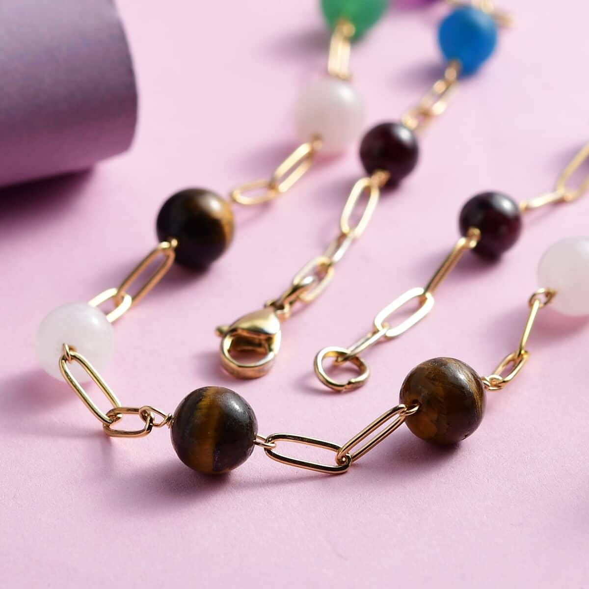 Multi Gemstone 59.85 ctw Paper Clip Chain Station Necklace in ION Plated YG Stainless Steel 20 Inches, Tarnish-Free, Waterproof, Sweat Proof Jewelry image number 1