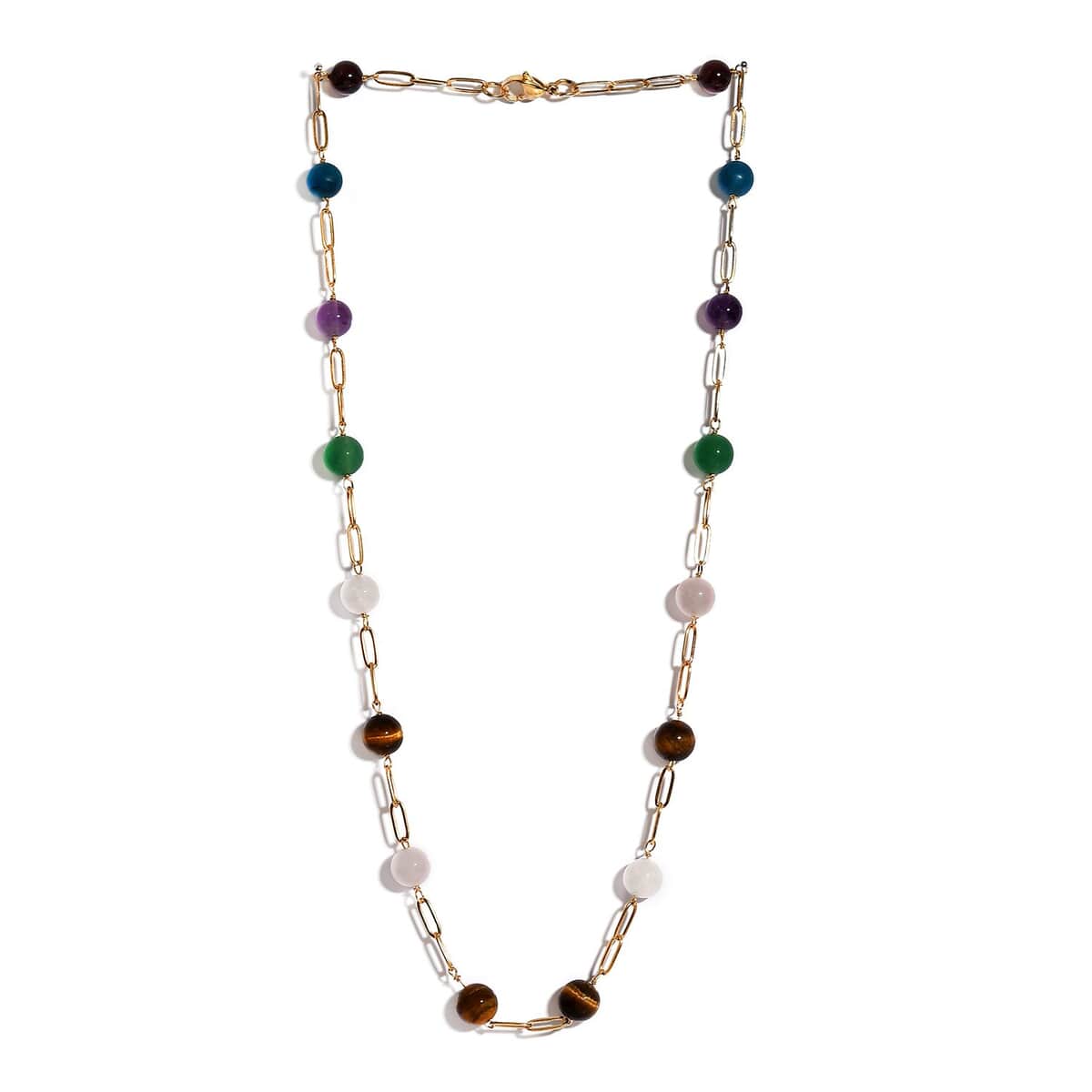 Multi Gemstone 59.85 ctw Paper Clip Chain Station Necklace in ION Plated YG Stainless Steel 20 Inches, Tarnish-Free, Waterproof, Sweat Proof Jewelry image number 3