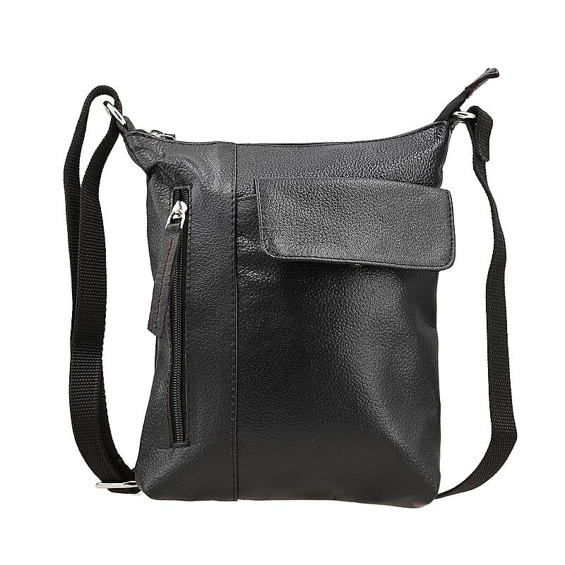 Black Genuine Leather Crossbody Bag with Multiple Pockets