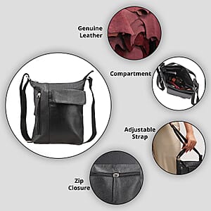 Black Genuine Leather Crossbody Bag with Multiple Pockets