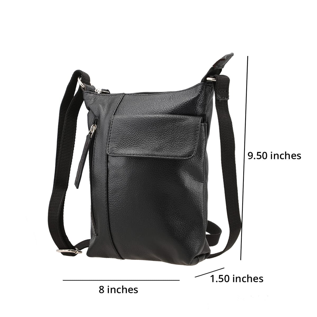 TLV -100% Genuine Leather  Cross body Bag  SIZE: 8(L)x1.5(W)x9.5(H)  inches COLOR: Black image number 3