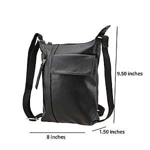 Black Genuine Leather Crossbody Bag with Multiple Pockets