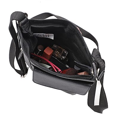 Black Genuine Leather Crossbody Bag with Multiple Pockets
