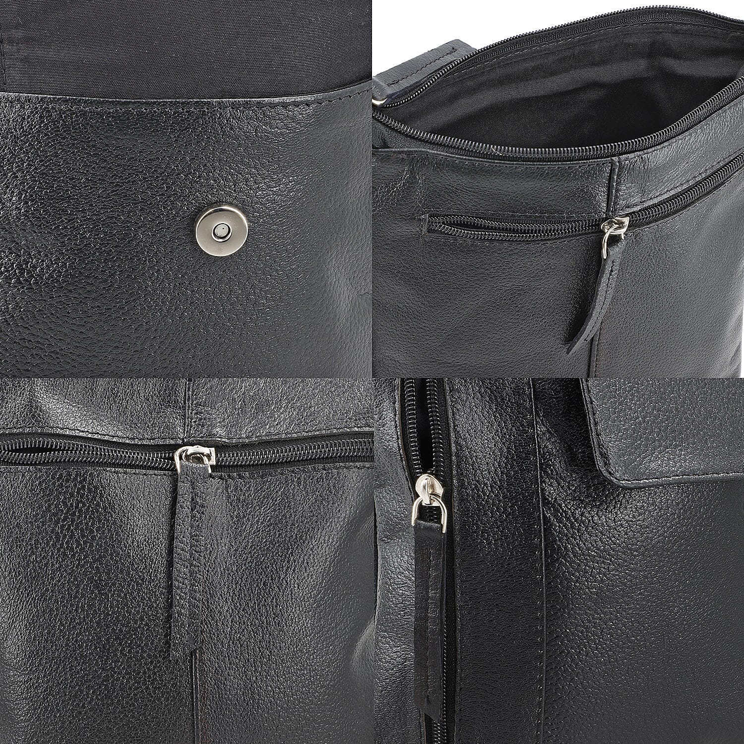 Black Genuine Leather Crossbody Bag with Multiple Pockets