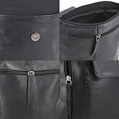 Black Genuine Leather Crossbody Bag with Multiple Pockets