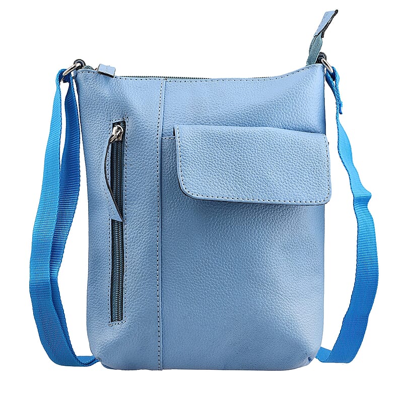 Sky Blue Genuine Leather Crossbody Bag with Multiple Pockets