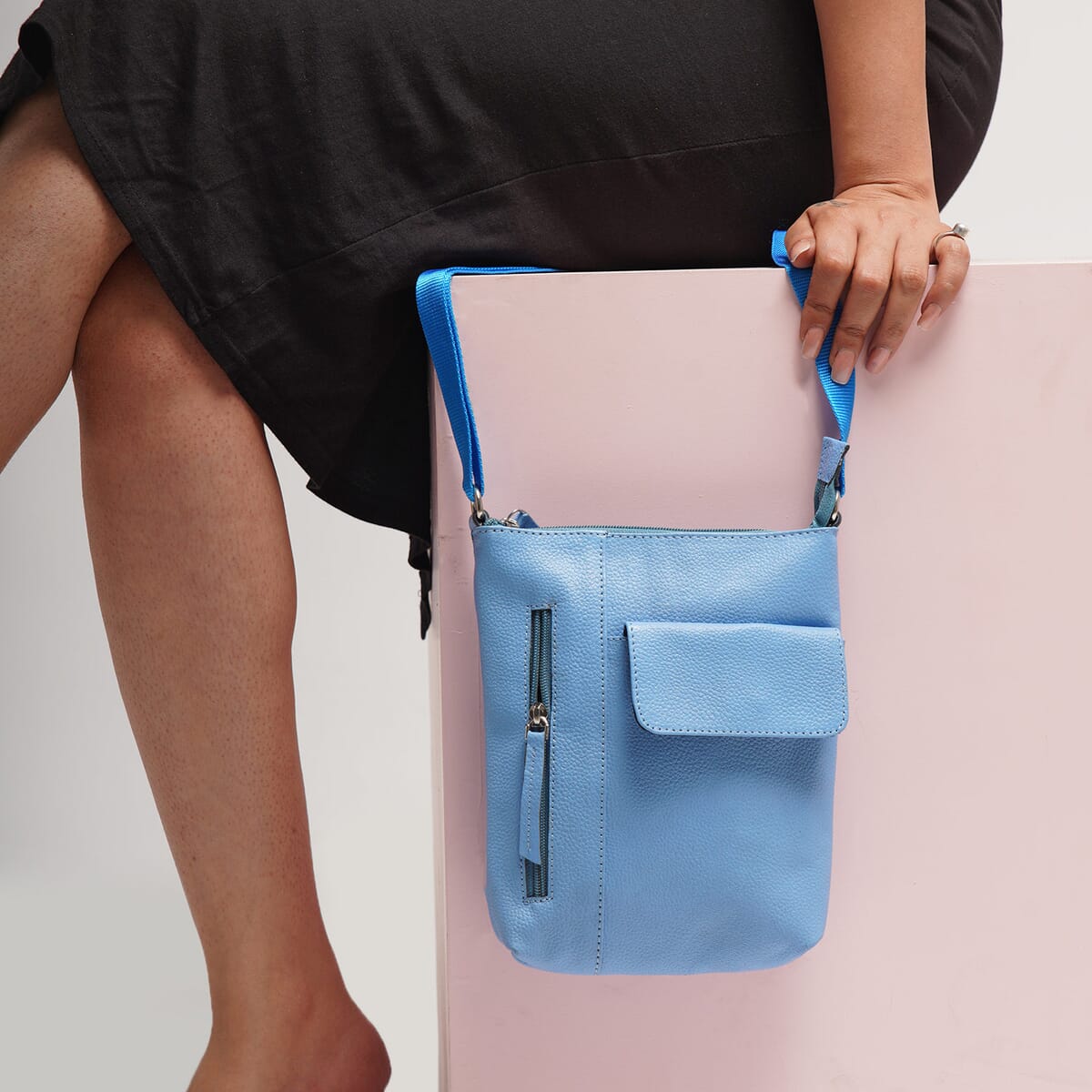 Sky Blue Genuine Leather Crossbody Bag with Multiple Pockets image number 1