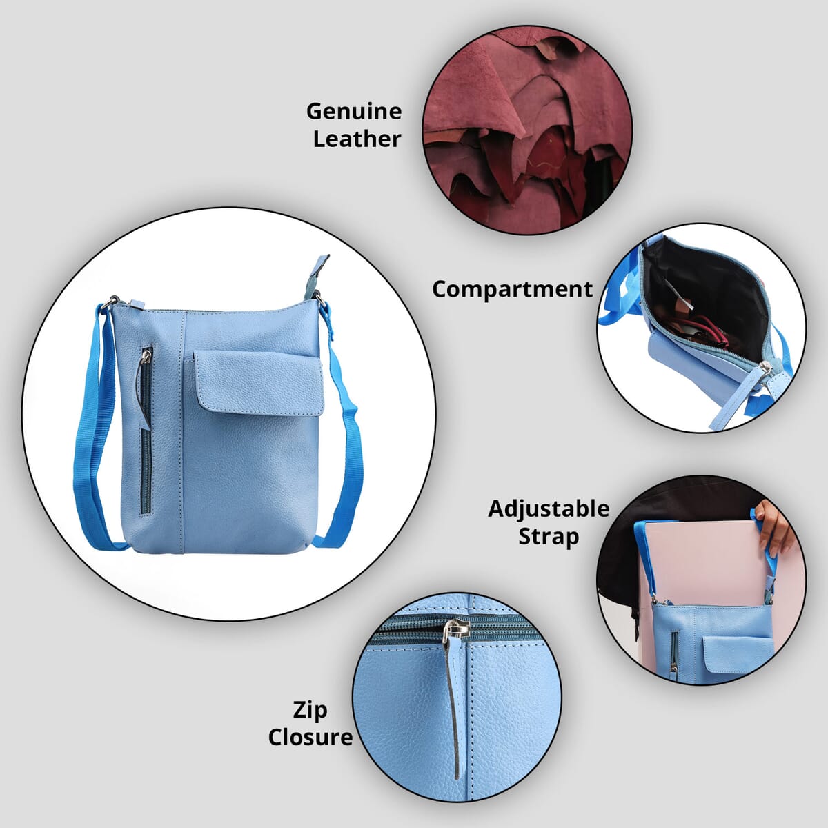 Sky Blue Genuine Leather Crossbody Bag with Multiple Pockets image number 2