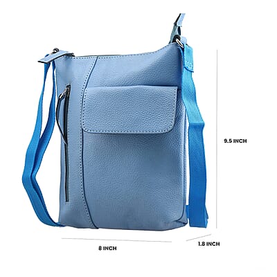 Sky Blue Genuine Leather Crossbody Bag with Multiple Pockets