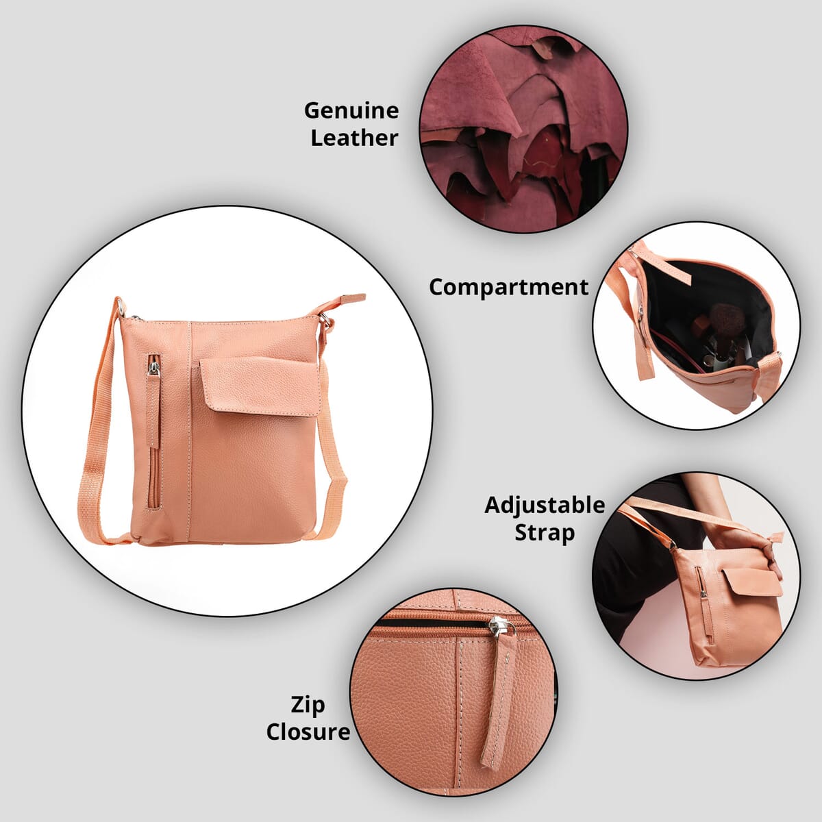 Blush Genuine Leather Crossbody Bag with Multiple Pockets image number 2