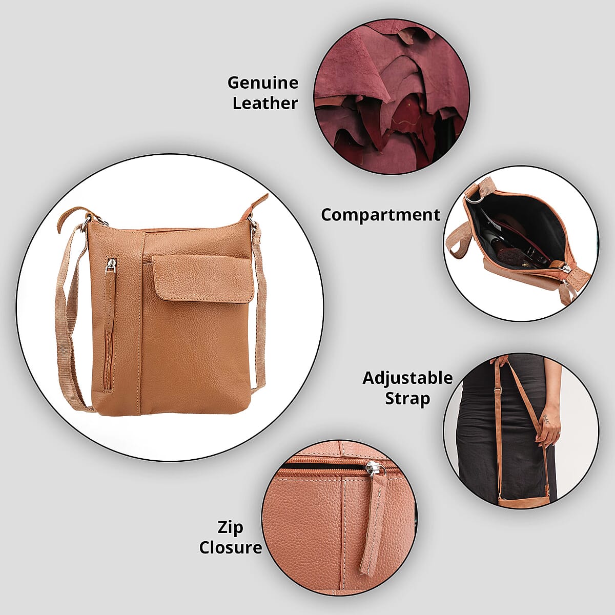 Tan Genuine Leather Crossbody Bag with Multiple Pockets image number 2