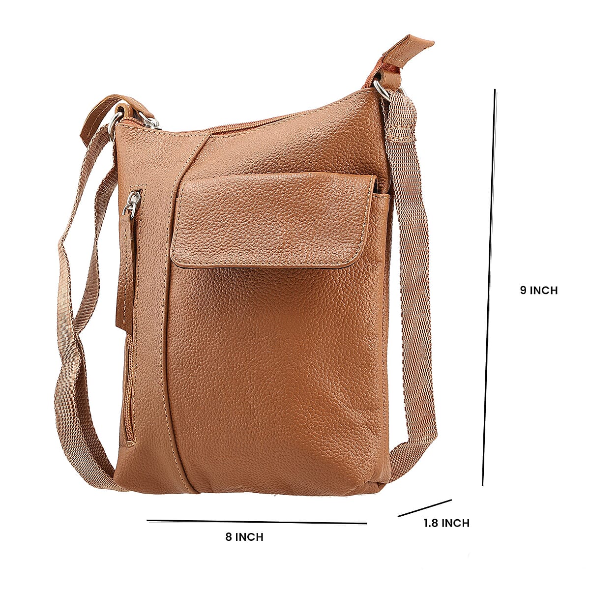 Tan Genuine Leather Crossbody Bag with Multiple Pockets image number 3