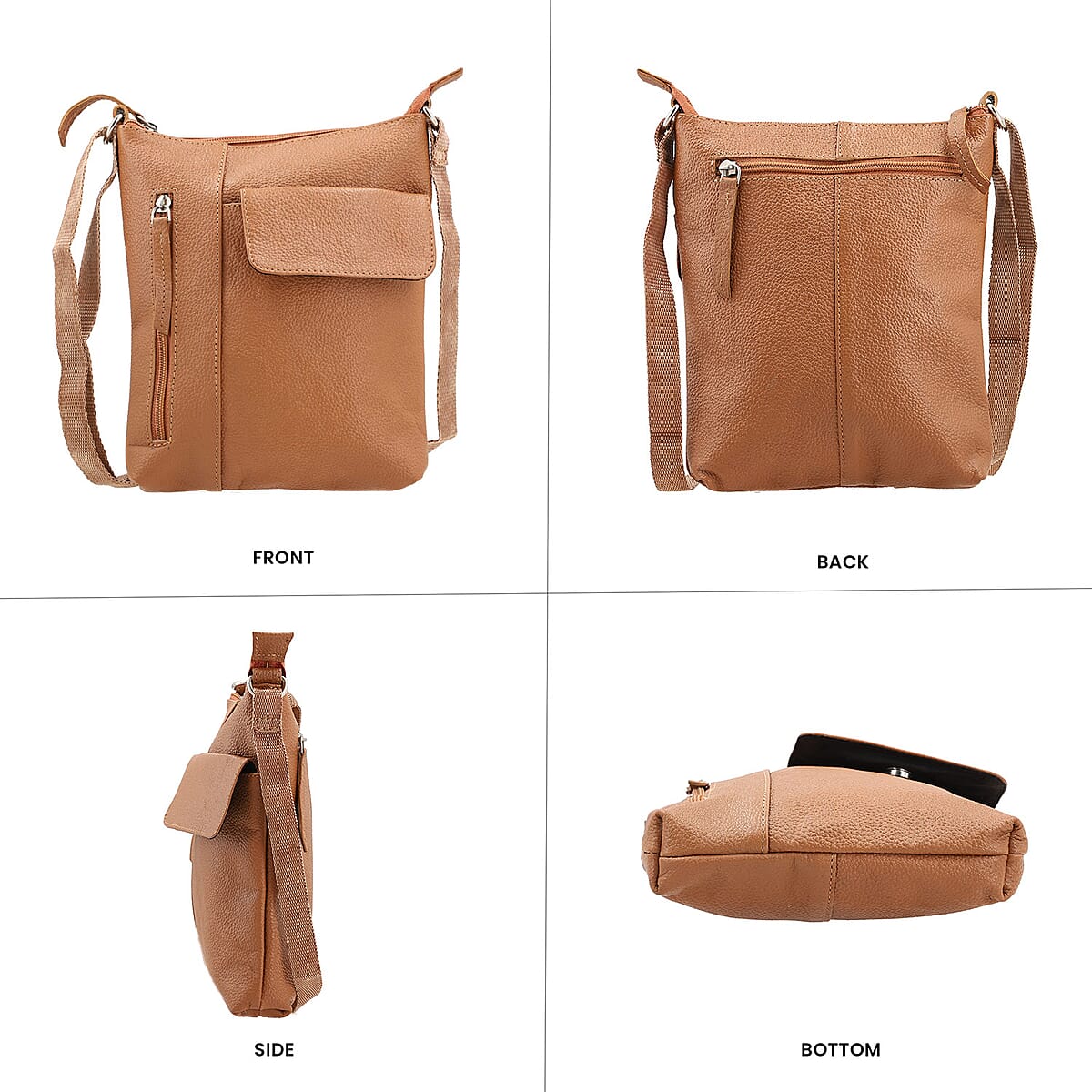 Tan Genuine Leather Crossbody Bag with Multiple Pockets image number 4