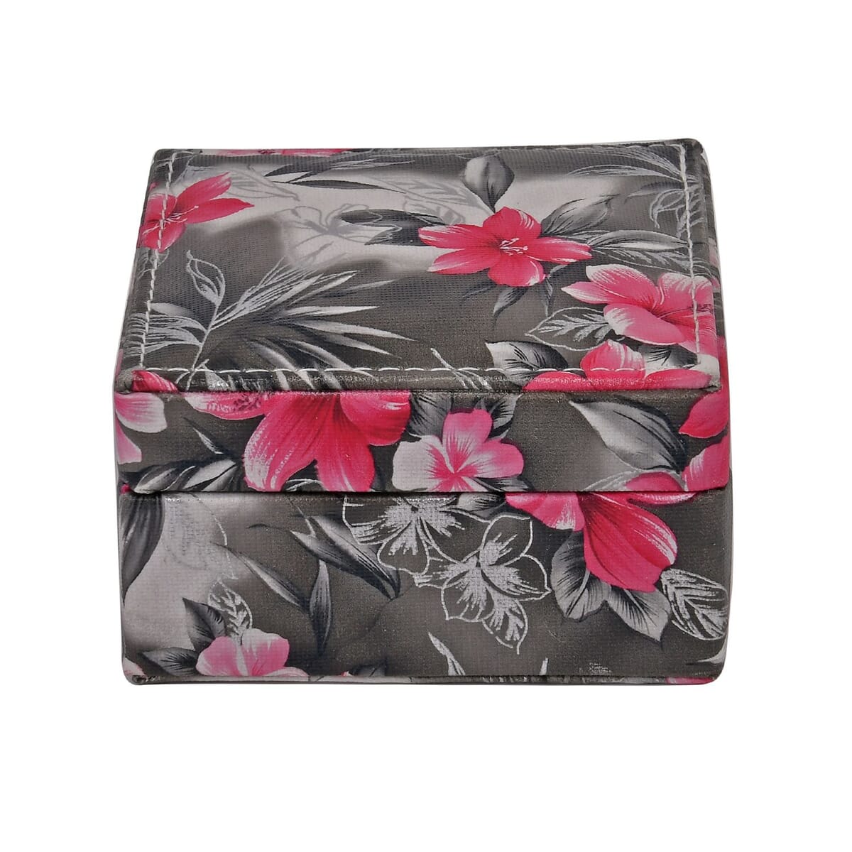 Black Flower Pattern Faux Leather Small Jewelry Box (3.5"x3.5"x2.5") image number 0