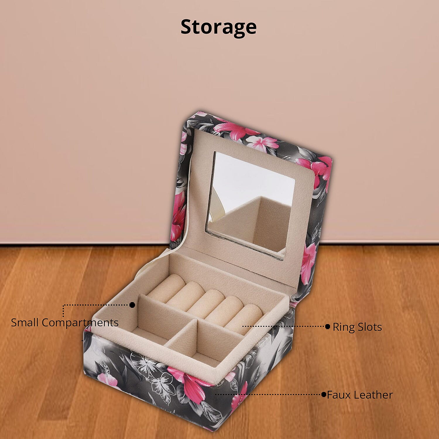 Black Flower Pattern Faux Leather Small Jewelry Box