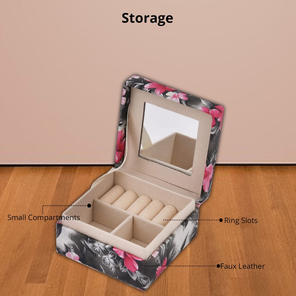Black Flower Pattern Faux Leather Small Jewelry Box (3.5"x3.5"x2.5") image number 2