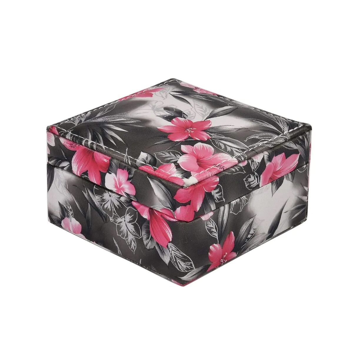 Black Flower Pattern Faux Leather Small Jewelry Box (3.5"x3.5"x2.5") image number 5