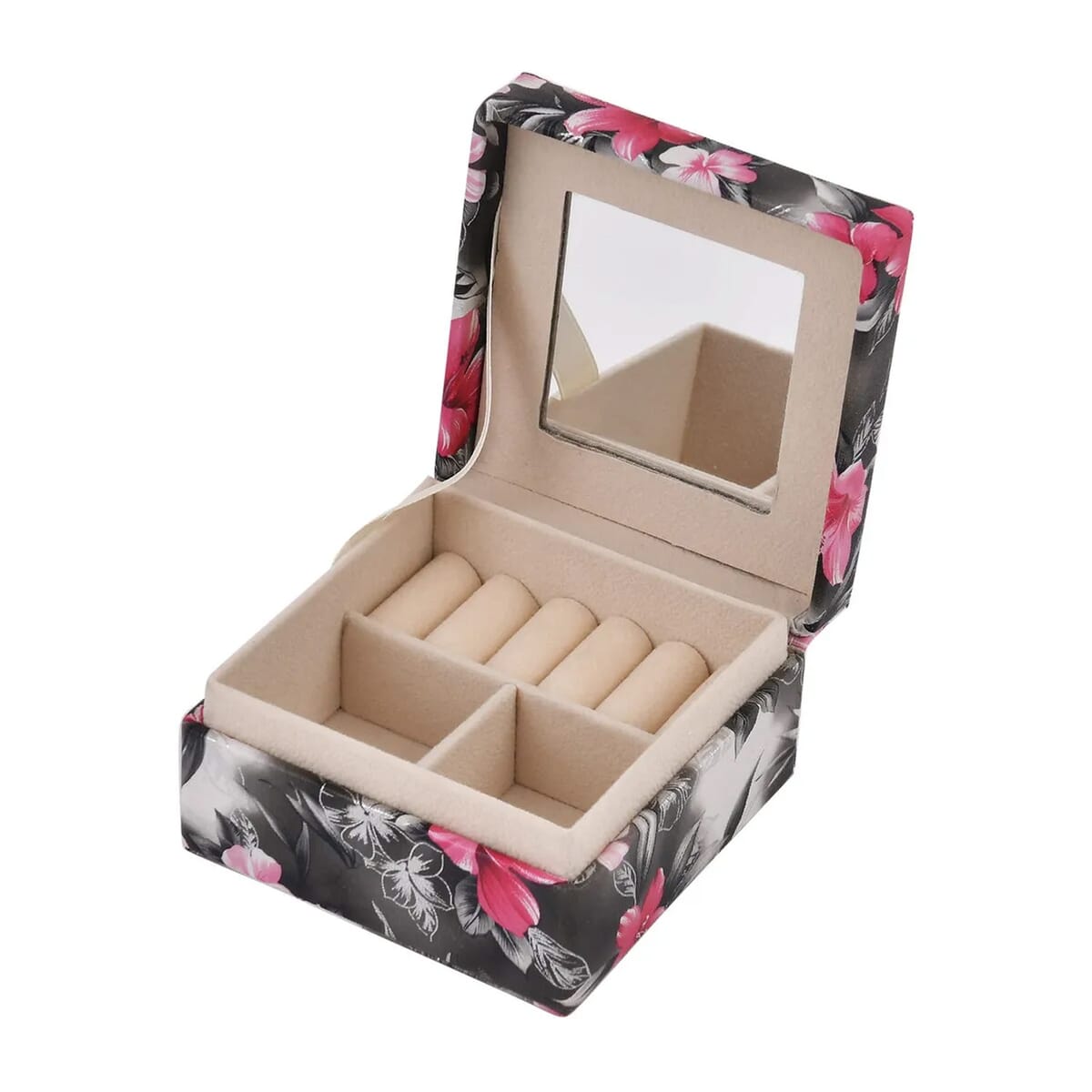 Black Flower Pattern Faux Leather Small Jewelry Box (3.5"x3.5"x2.5") image number 6
