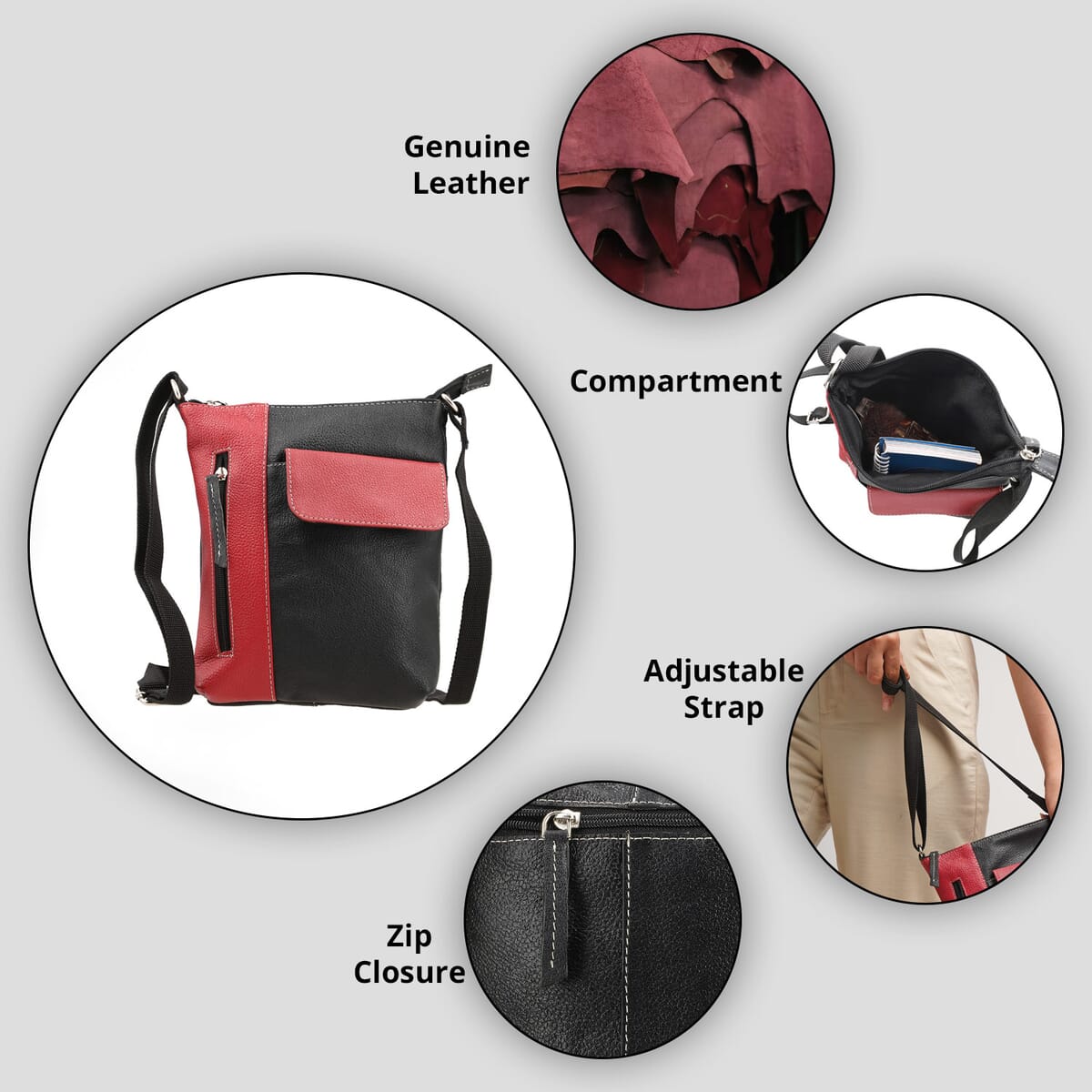 Black and Red Color Genuine Leather Crossbody Bag with Multiple Pockets image number 2
