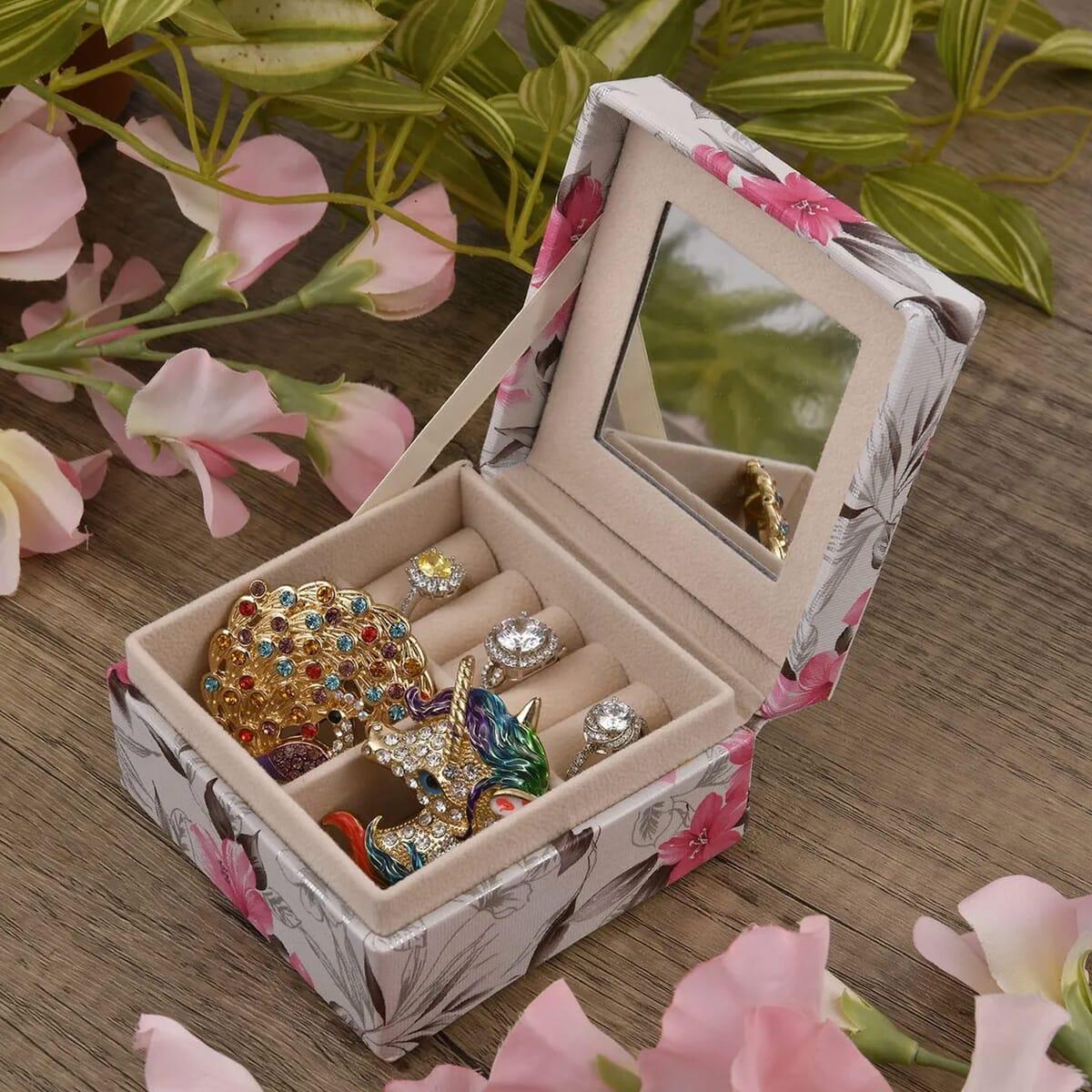 Cream Flower Pattern Faux Leather Small Jewelry Box image number 1