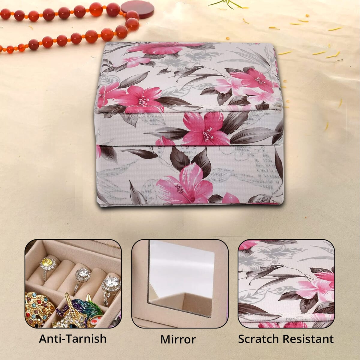 Cream Flower Pattern Faux Leather Small Jewelry Box image number 2