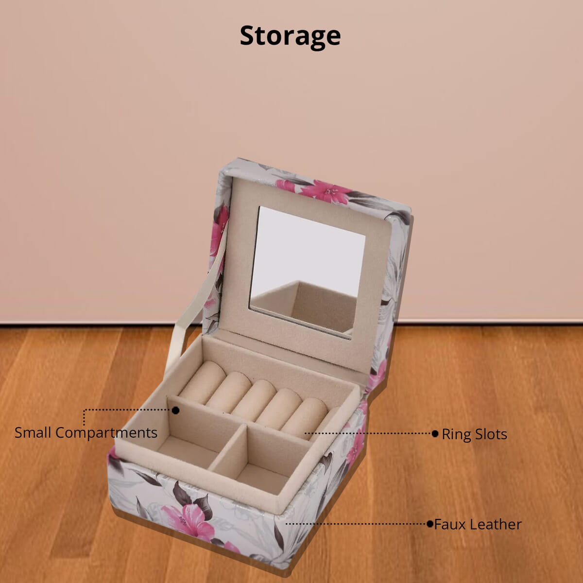 Cream Flower Pattern Faux Leather Small Jewelry Box image number 3