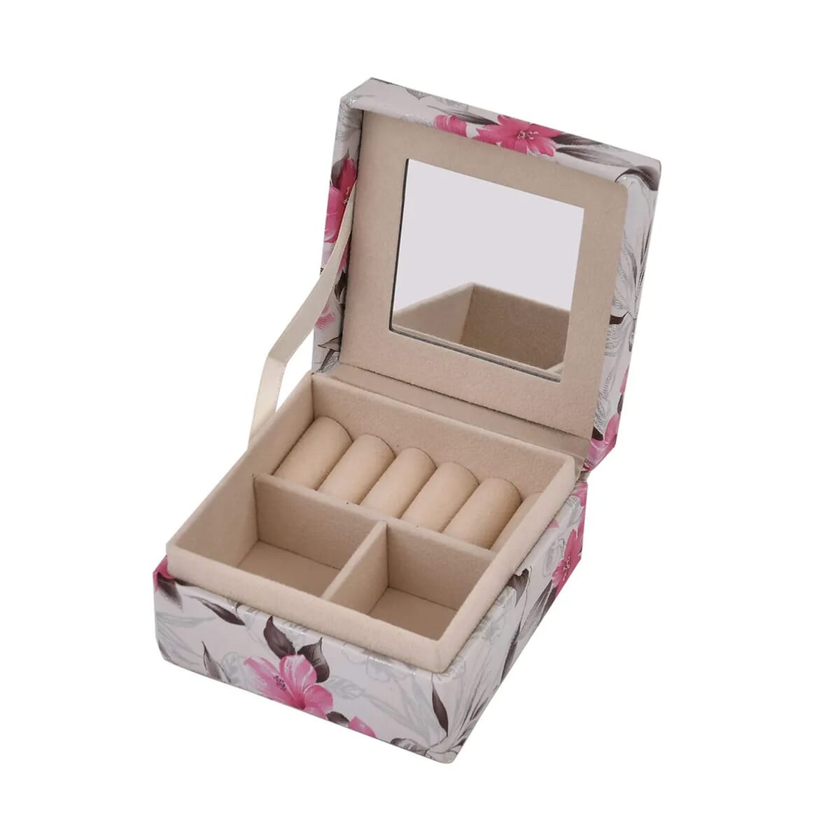 Cream Flower Pattern Faux Leather Small Jewelry Box image number 6