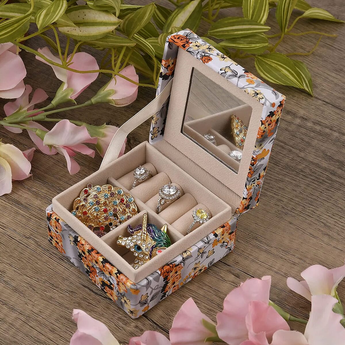 Yellow Flower Pattern Faux Leather Small Jewelry Box image number 1