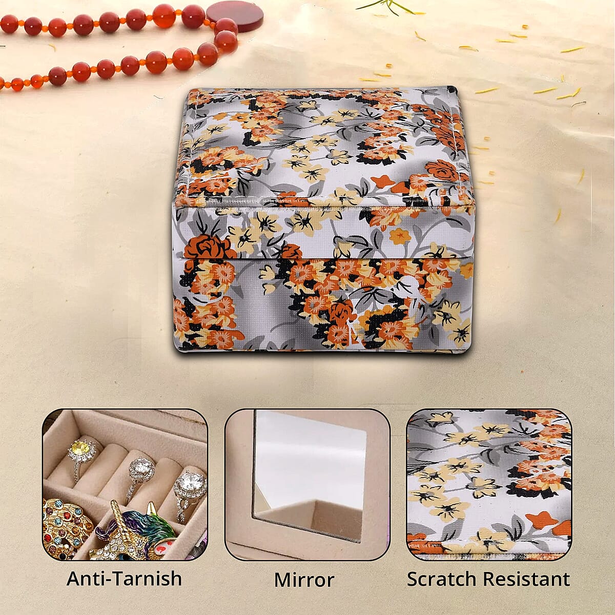 Yellow Flower Pattern Faux Leather Small Jewelry Box image number 2