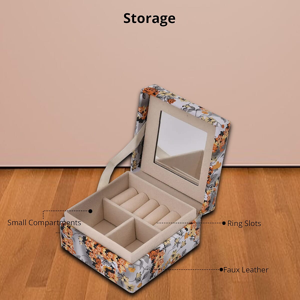 Yellow Flower Pattern Faux Leather Small Jewelry Box image number 3