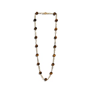 Tiger's Eye 64.60 ctw Paper Clip Chain Station Necklace in ION Plated YG Stainless Steel 20 Inches, Tarnish-Free, Waterproof, Sweat Proof Jewelry