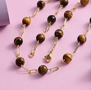 Tiger's Eye 64.60 ctw Paper Clip Chain Station Necklace in ION Plated YG Stainless Steel 20 Inches, Tarnish-Free, Waterproof, Sweat Proof Jewelry