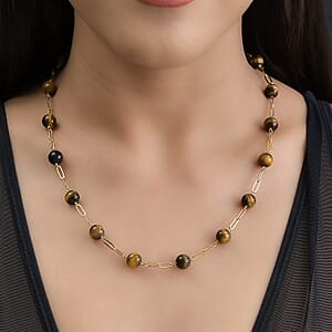 Tiger's Eye 64.60 ctw Paper Clip Chain Station Necklace in ION Plated YG Stainless Steel 20 Inches, Tarnish-Free, Waterproof, Sweat Proof Jewelry