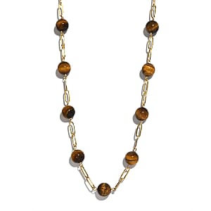 Tiger's Eye 64.60 ctw Paper Clip Chain Station Necklace in ION Plated YG Stainless Steel 20 Inches, Tarnish-Free, Waterproof, Sweat Proof Jewelry