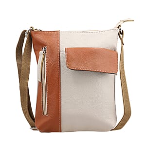 Beige and Tan Color Genuine Leather Crossbody Bag with Multiple Pockets