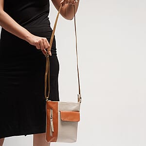Beige and Tan Color Genuine Leather Crossbody Bag with Multiple Pockets
