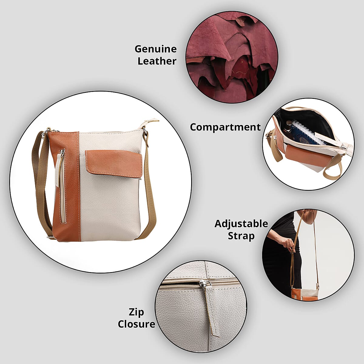 Beige and Tan Color Genuine Leather Crossbody Bag with Multiple Pockets image number 2