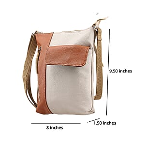 Beige and Tan Color Genuine Leather Crossbody Bag with Multiple Pockets