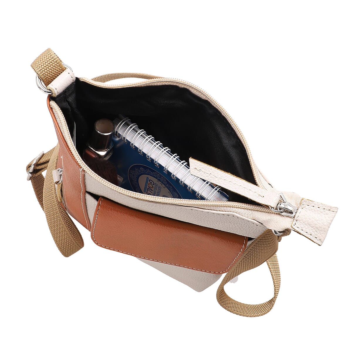 Beige and Tan Color Genuine Leather Crossbody Bag with Multiple Pockets image number 4