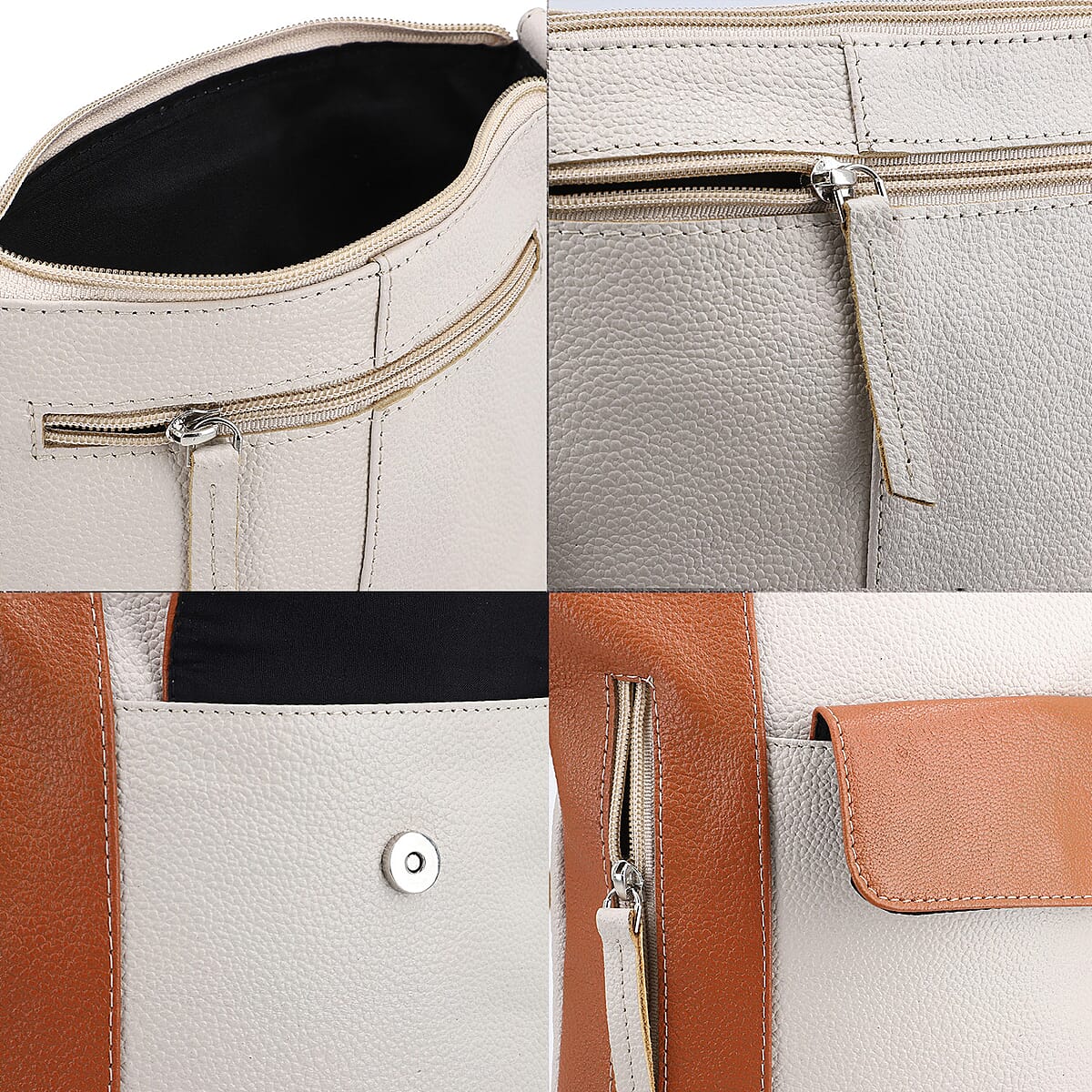 Beige and Tan Color Genuine Leather Crossbody Bag with Multiple Pockets image number 5